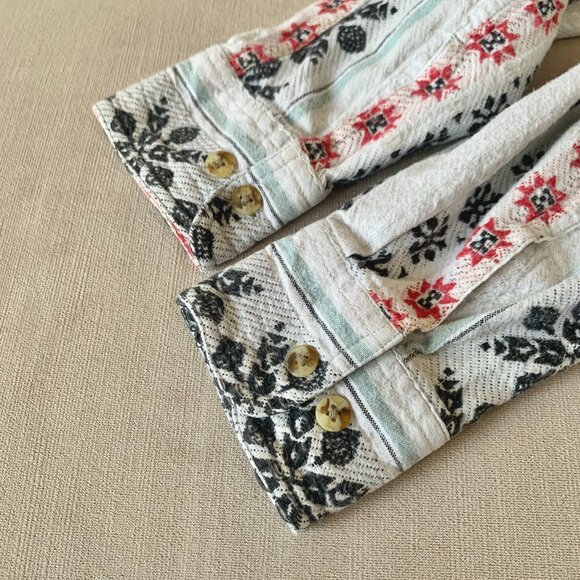 Vintage Woven Stripe Pattern Button Up Snowflake Shirt Granola Grandmacore Boho - Picture 13 of 16